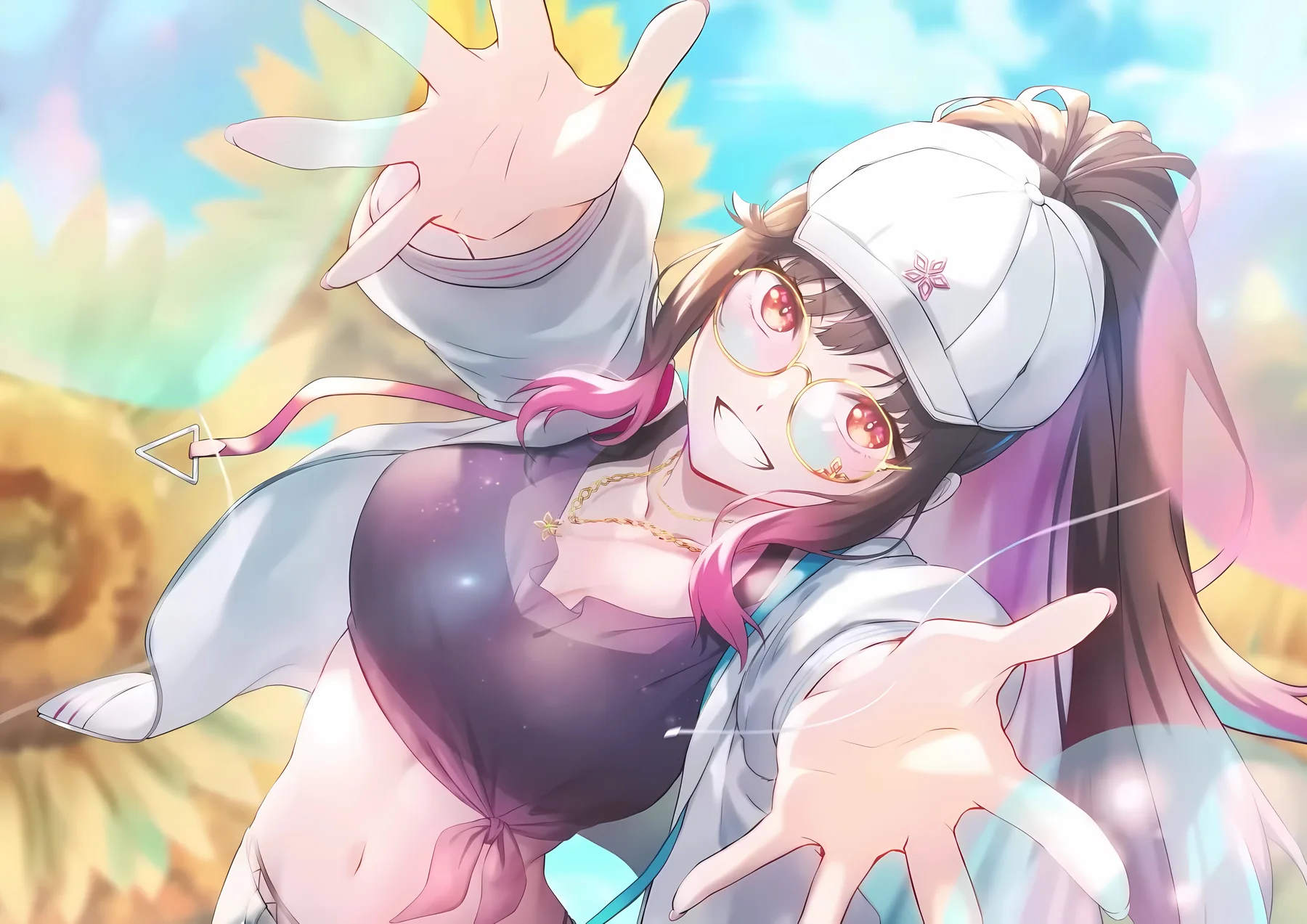 Vtuber con gorra y lentes redondos entre girasoles