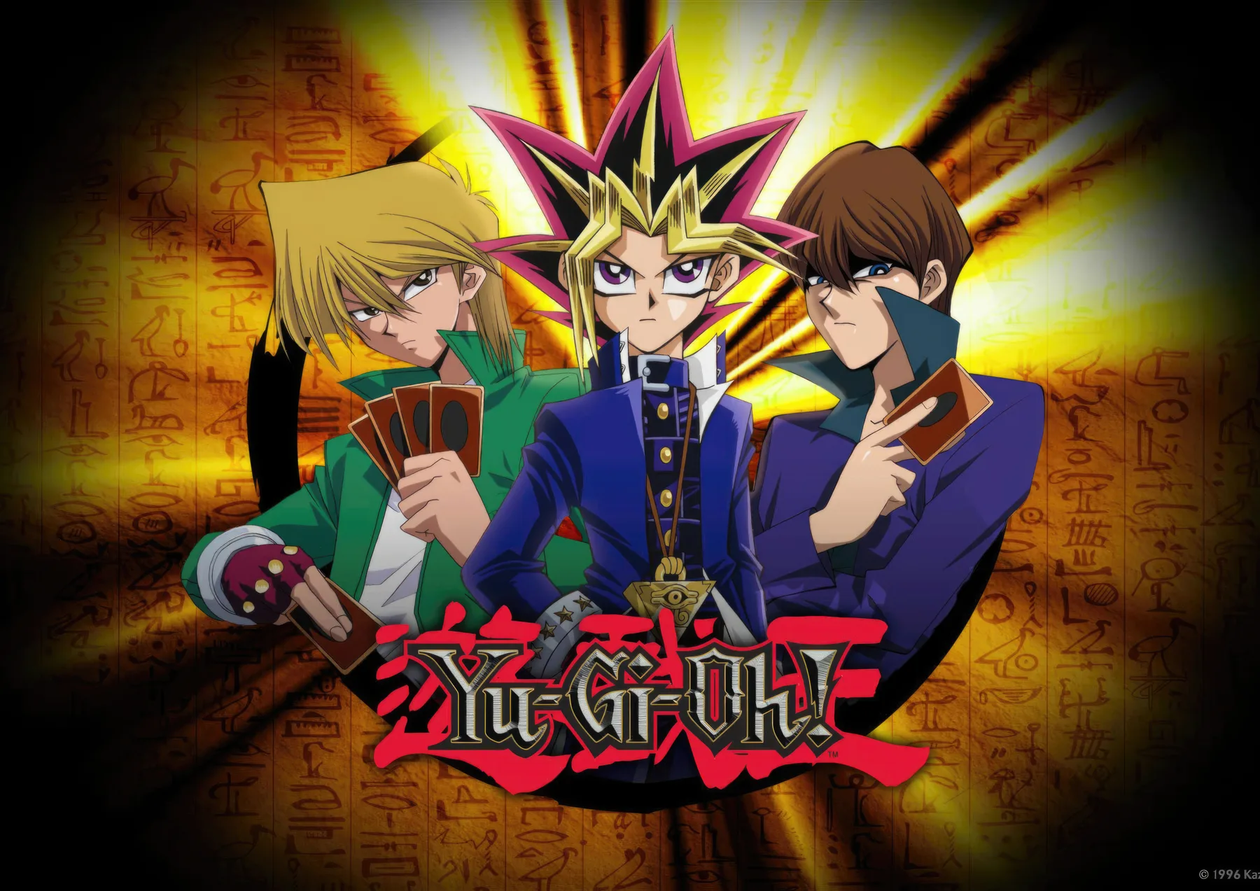 Yugi, Joey y Kaiba con el logo Yu-Gi-Oh