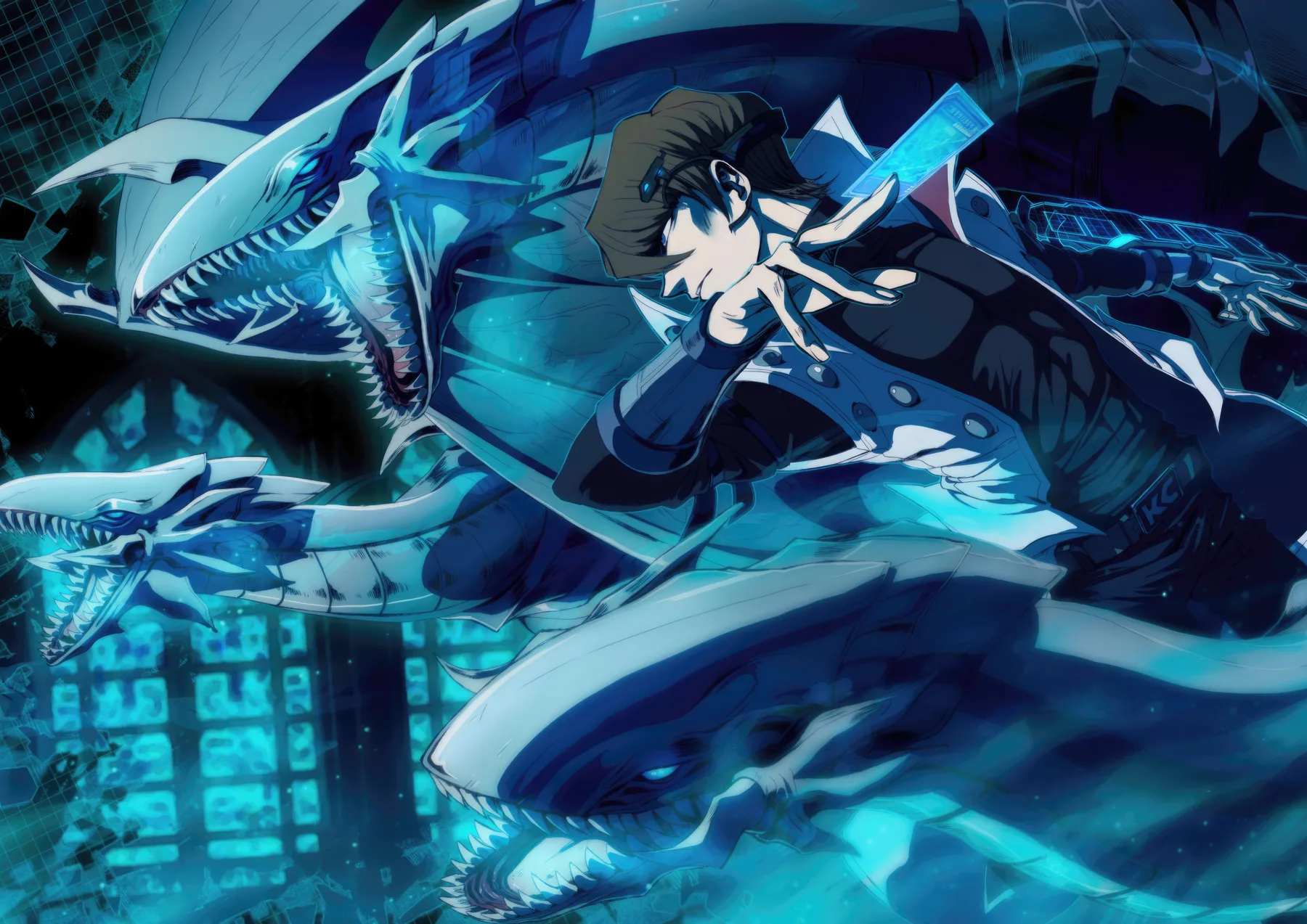 Seto Kaiba con los Dragones Blancos de Ojos Azules