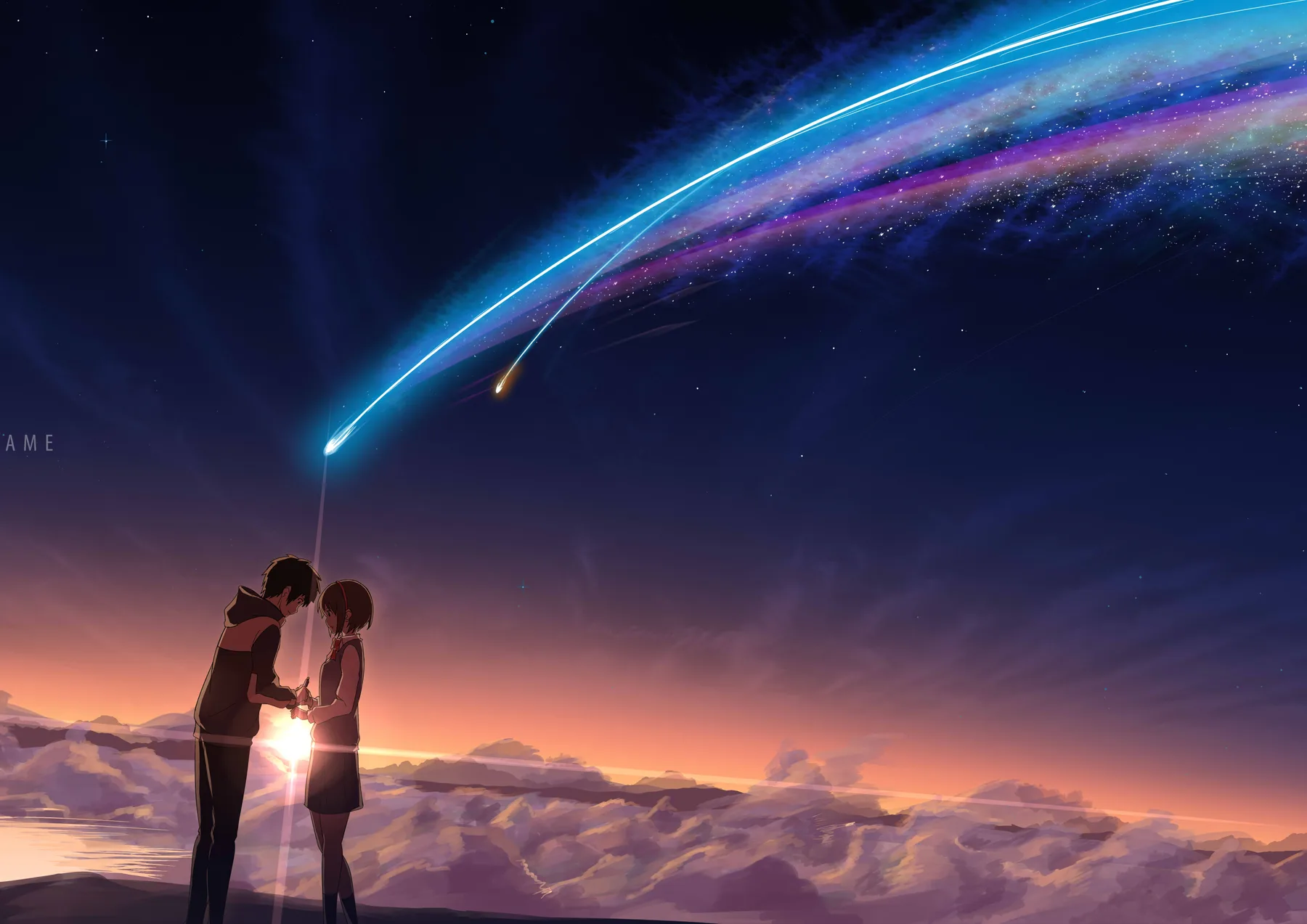 Taki y Mitsuha viendo el cometa dividirse