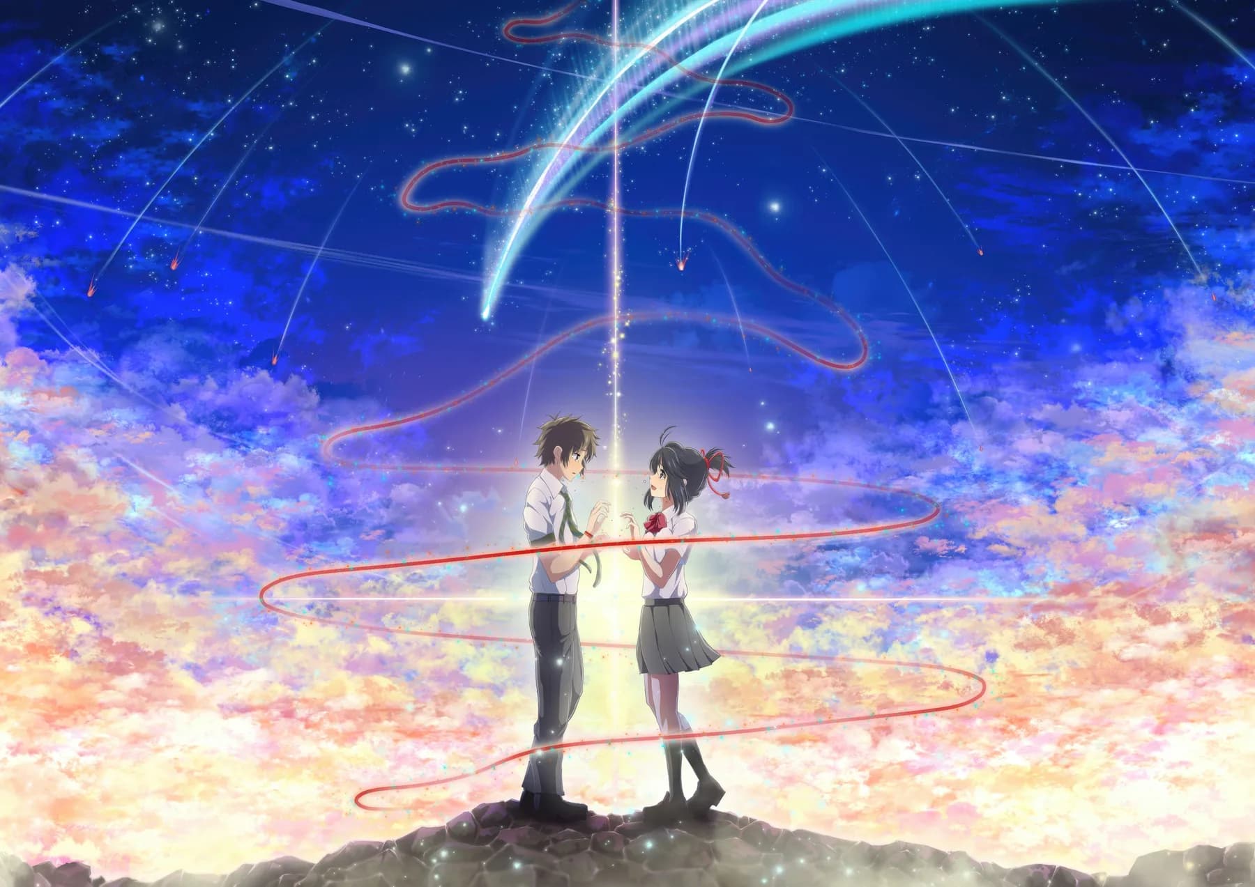 Taki y Mitsuha rodeados del hilo rojo