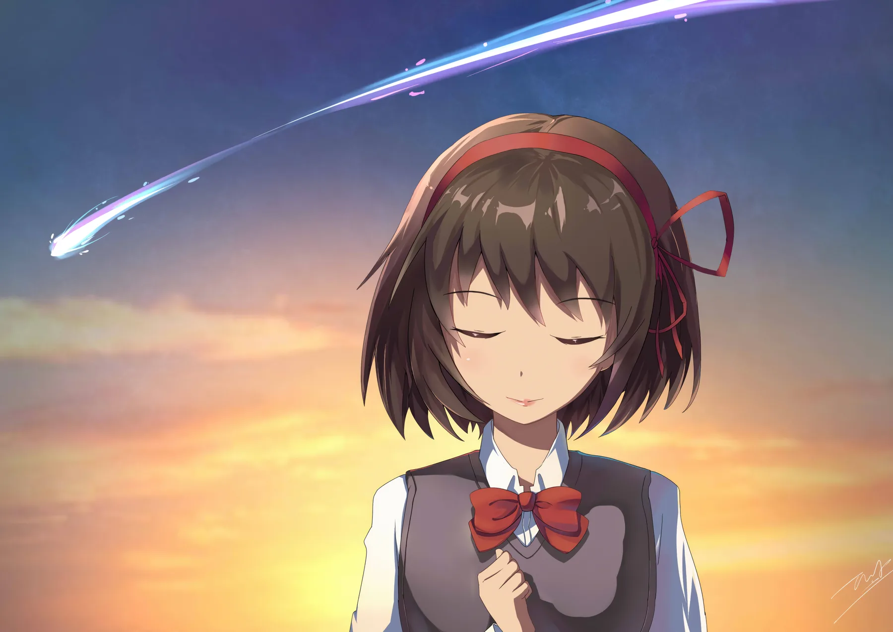 Mitsuha con cinta roja bajo el cometa