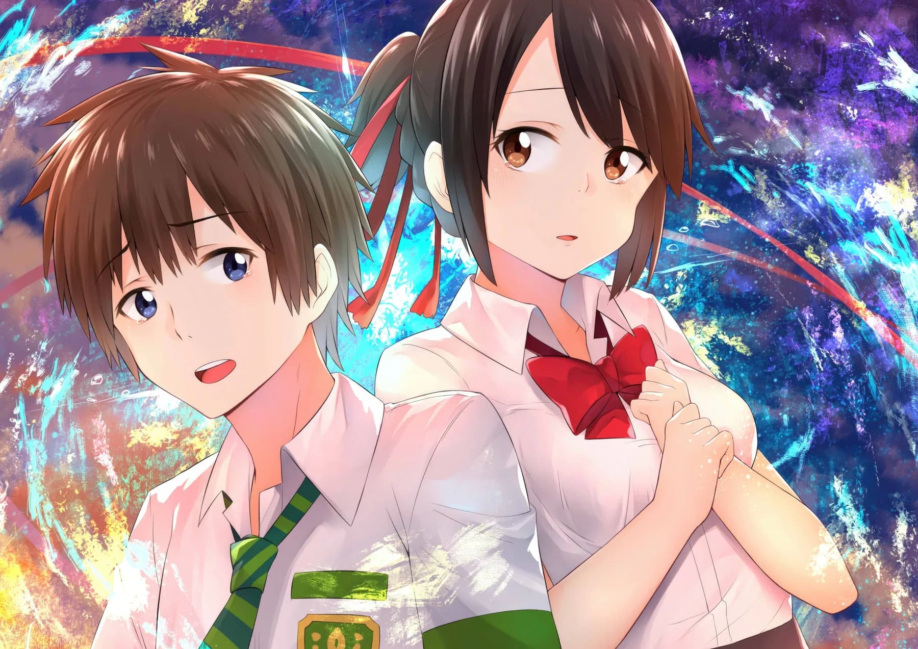 Taki y Mitsuha espalda con espalda