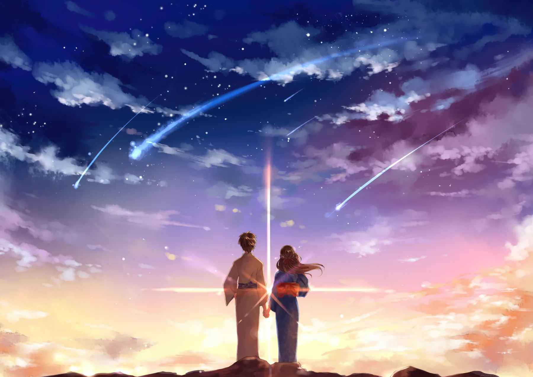 Taki y Mitsuha viendo estrellas fugaces
