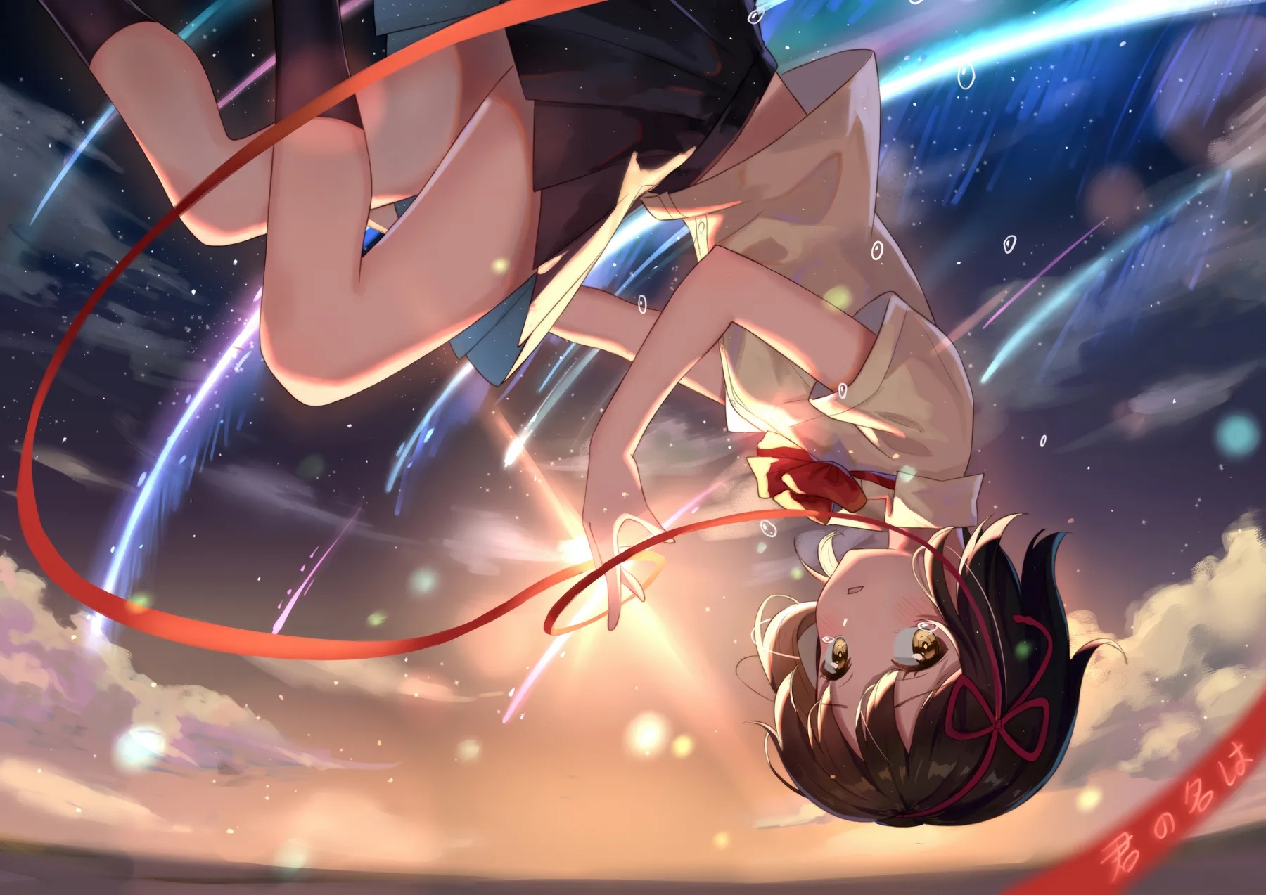 Mitsuha cayendo con el cordon rojo